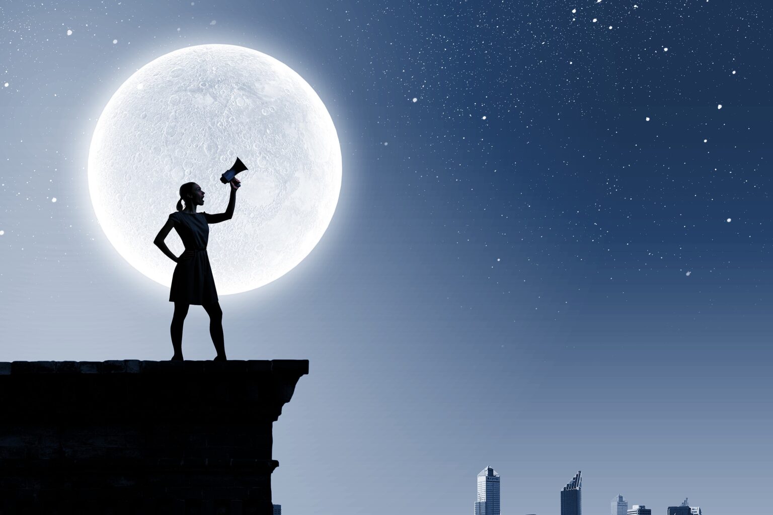 Silhouette of woman on top of building and screaming in megaphone Silhouette of woman on top of building and screaming in megaphone